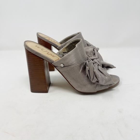 Sam Edelman Womnes 6.5 Silver Yumi Open Toe Mule Block Heel Bow Slip On Fabric - Picture 2 of 13